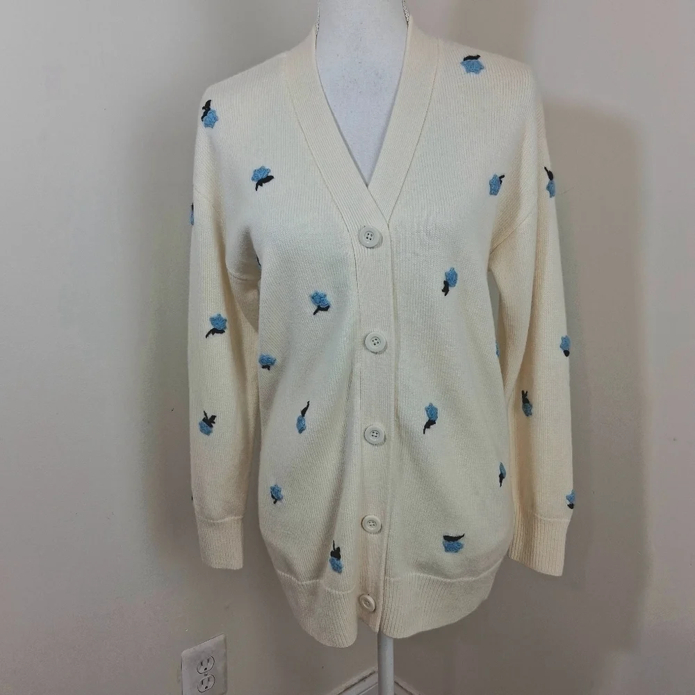 Kate Spade Dainty Bloom Applique Blue And Cream Cardigan Size XS